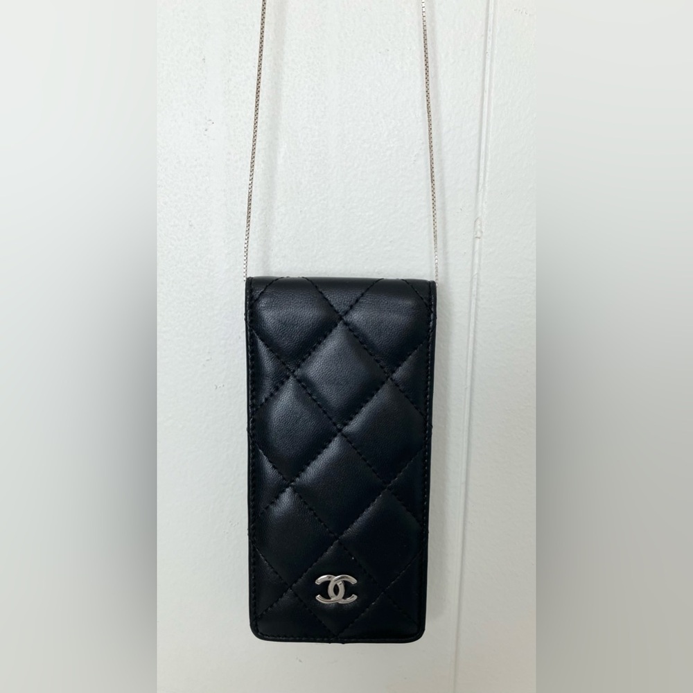 Authentic Chanel Black Lambskin Vintage Phone/Card holder